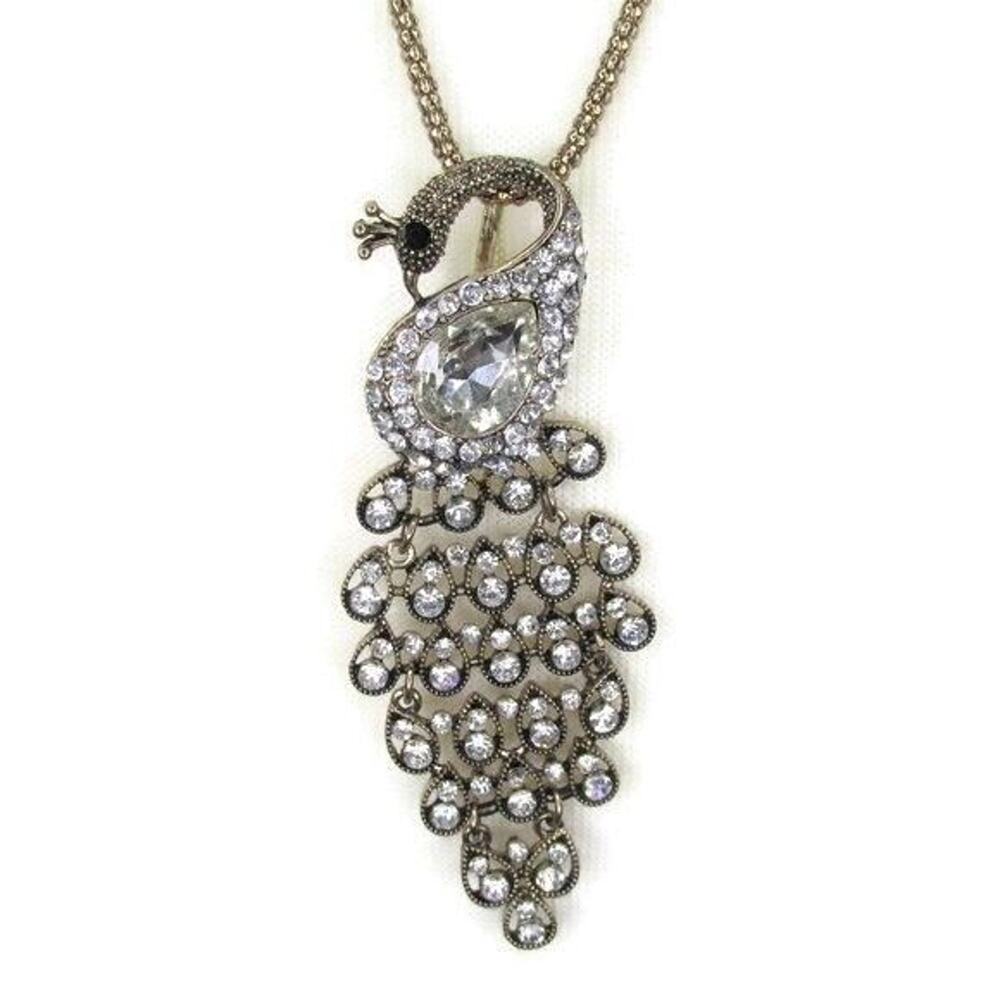 28in Peacock Necklace Rhinestone Cascade 4in Pendant Silver Tone Articulated